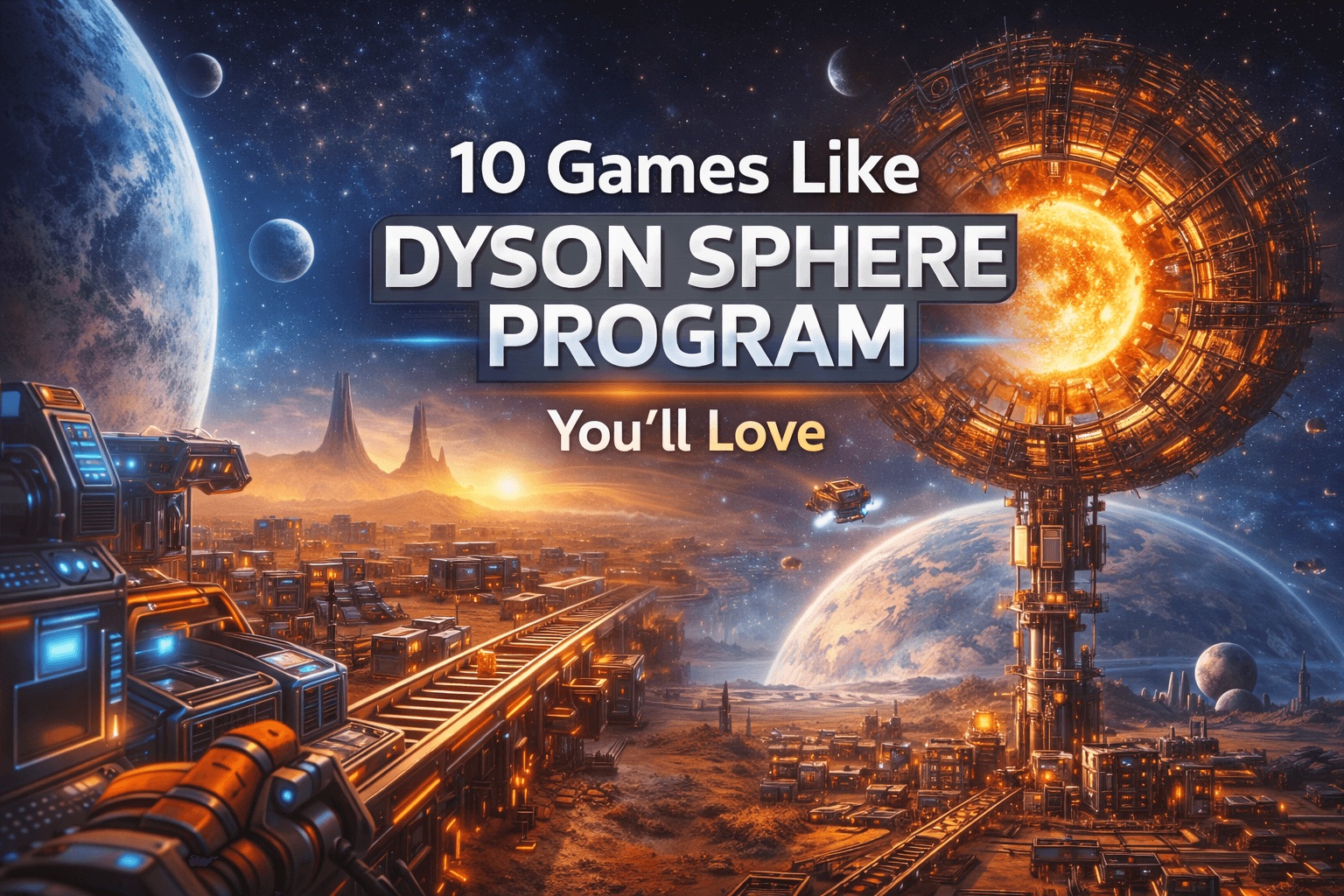 Dyson Sphere Program scale-up factories across planets cover art
