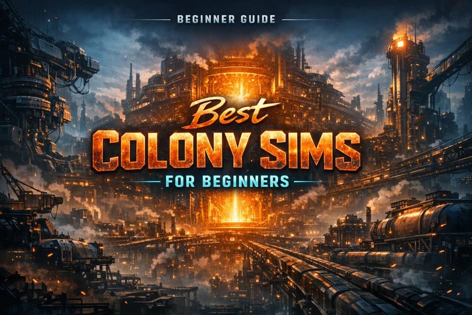 Colorful colony sim settlements with workers, buildings, and readable UI panels