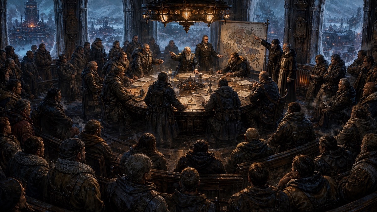 Factions debating survival plans inside a crowded frozen colony council