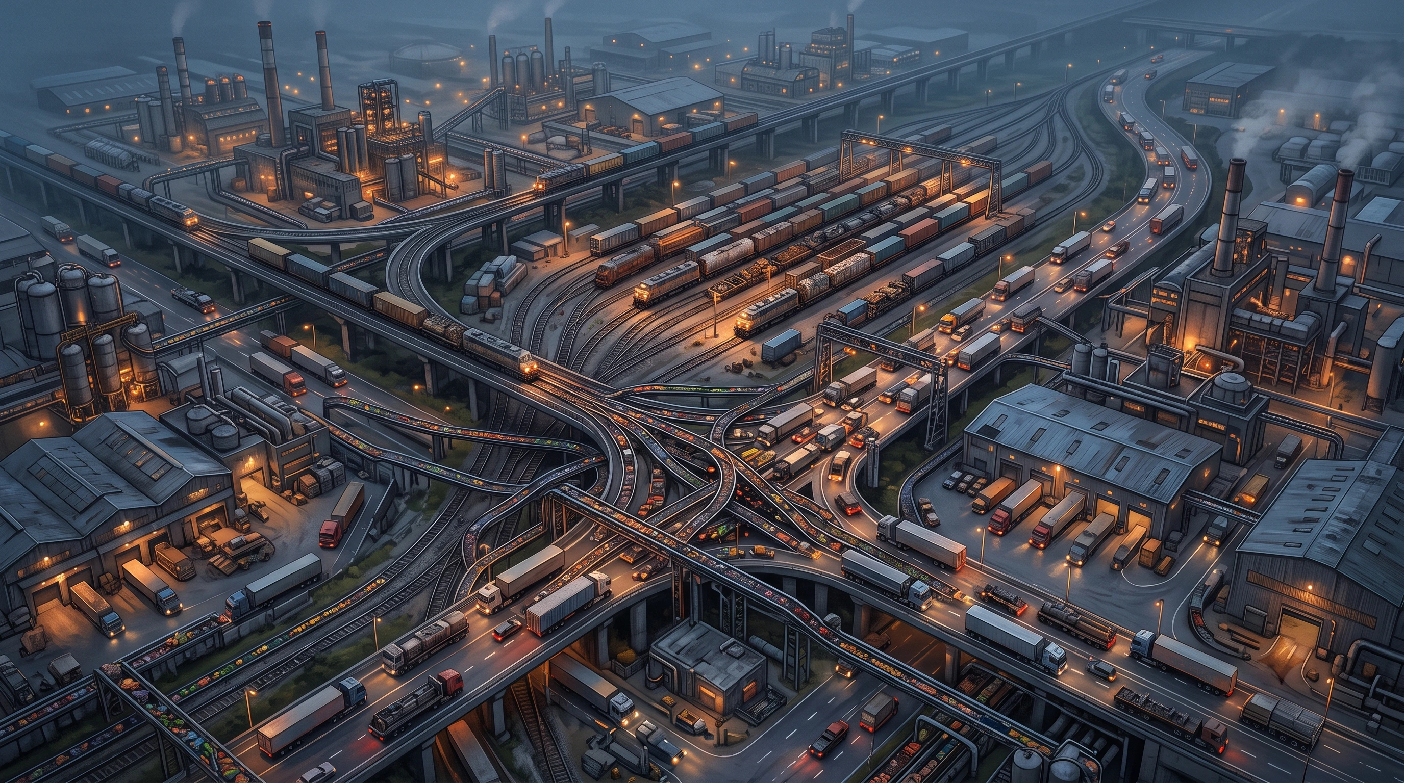 Industrial logistics network with trains, trucks, conveyor belts, and crowded factory routes