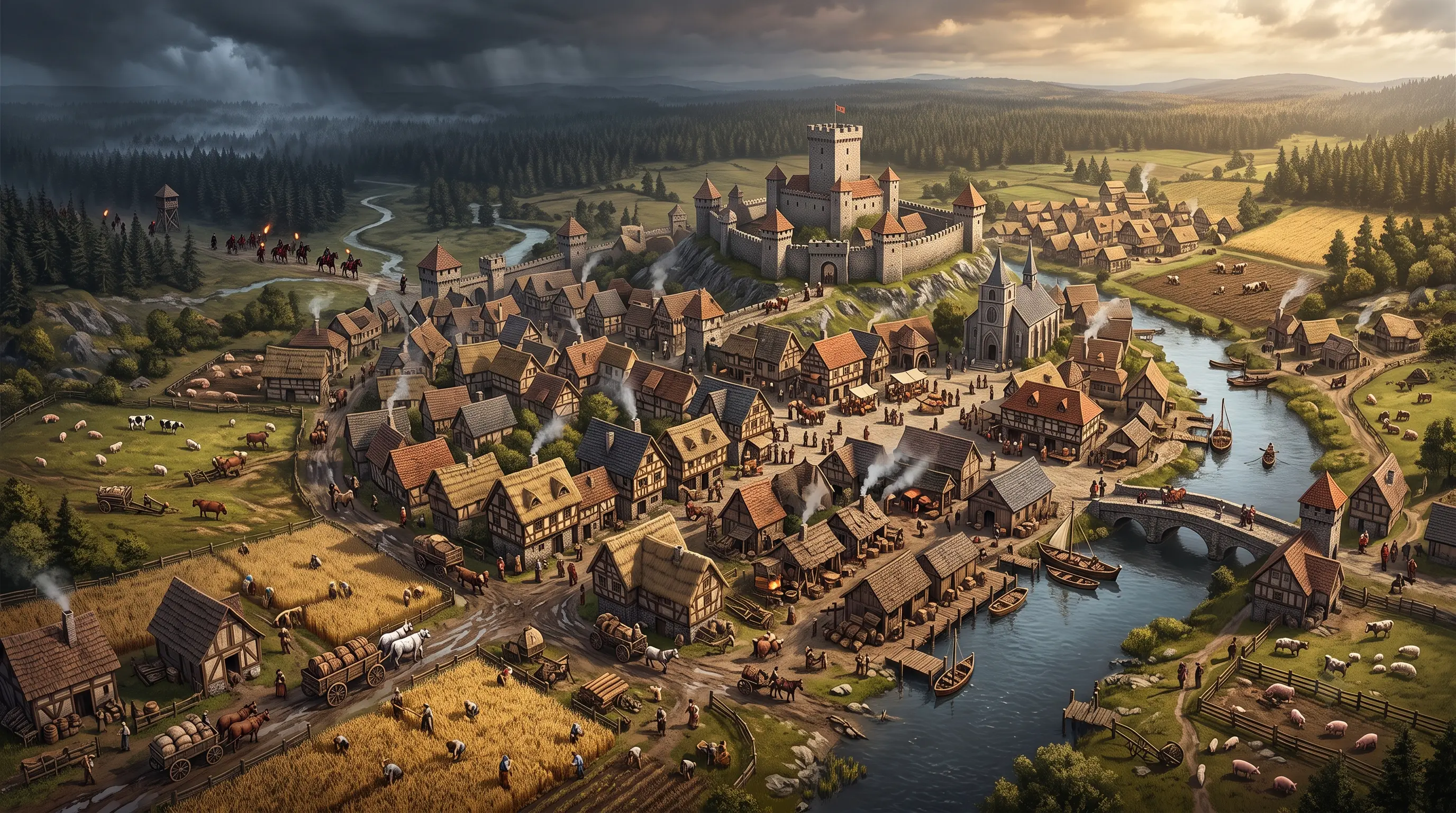 Medieval settlement with workers managing farms, workshops, and fortified walls