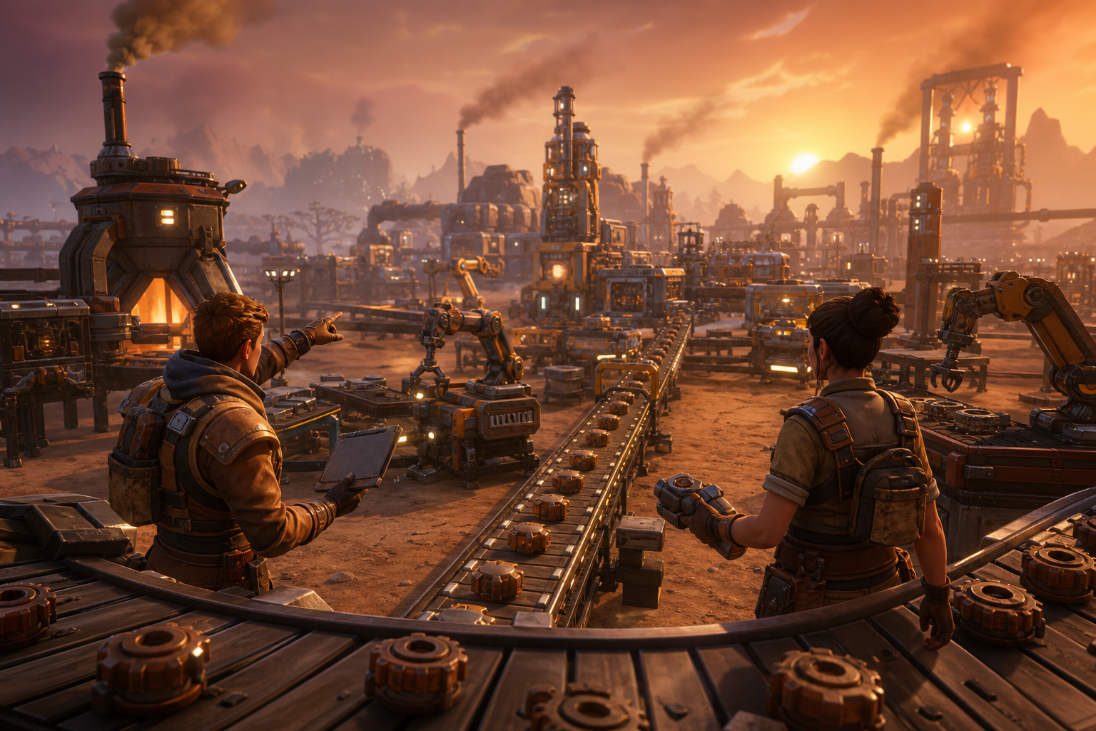Two players coordinating production lines and machinery across a shared automation world