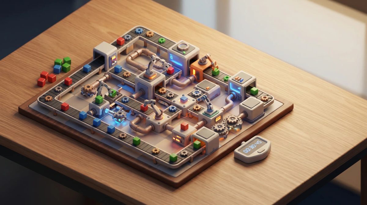 Compact factory layouts on a desk with automation icons and timers