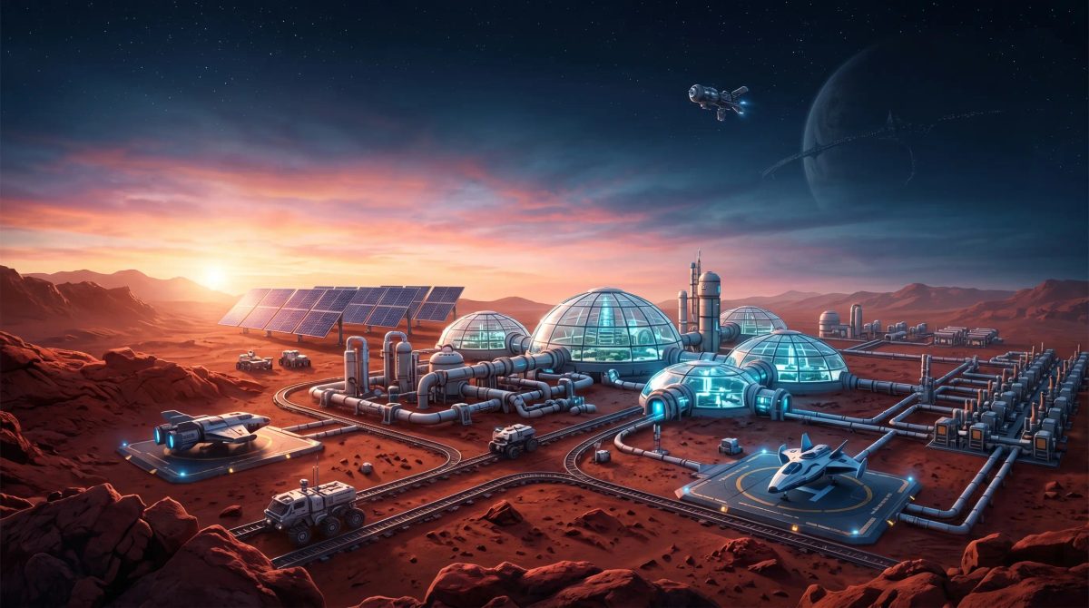 Futuristic space colony domes on a red alien planet