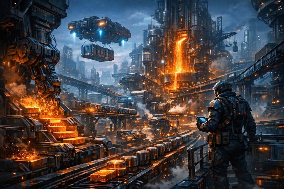 Industrial city skyline with warehouses, roads, and cargo routes at sunset