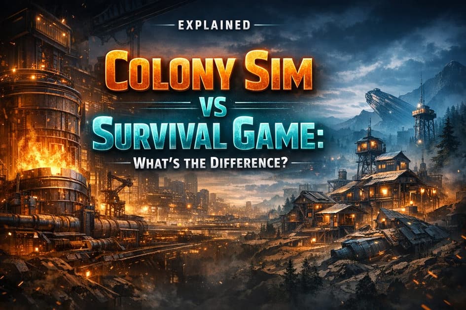 Colonists building a settlement while a survivor faces danger outside