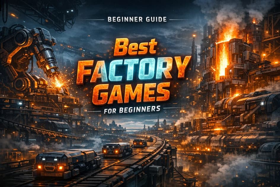 Colorful factory belts and machines arranged in a beginner-friendly layout