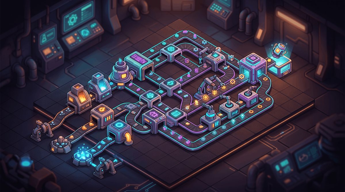 Compact automation factory layouts with belts and machines on a glowing grid