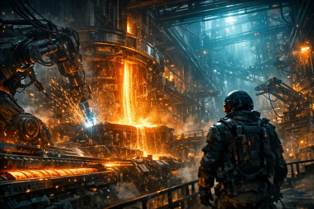 Automated factory base defending against enemies on an industrial alien world