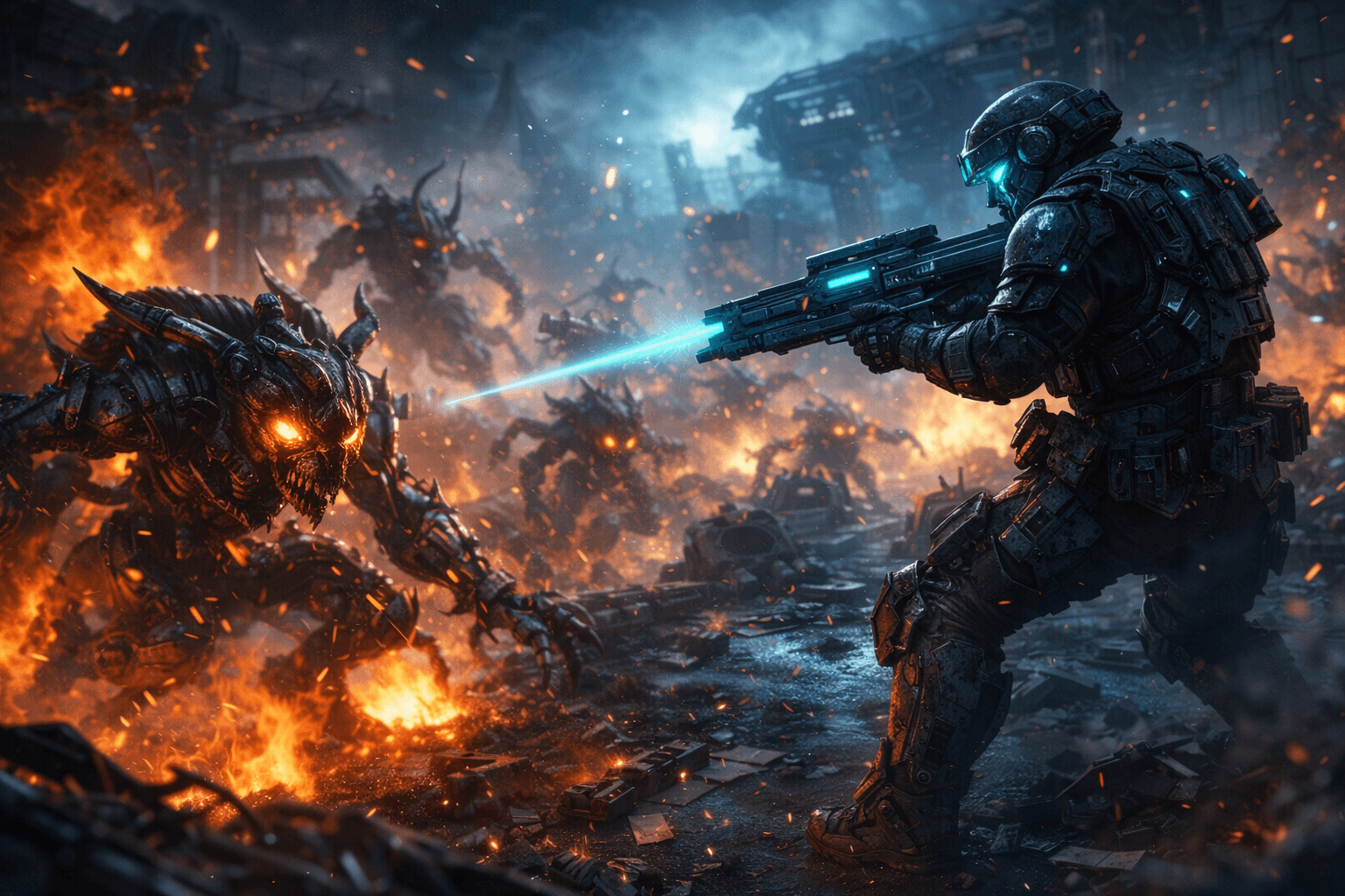 Automated factory base defending against enemies on an industrial alien world