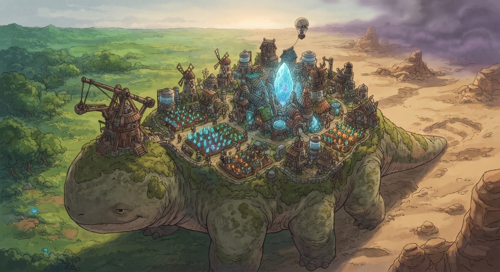 A wooden village on Onbu’s back as the giant walks from forest into desert under a dark spore sky