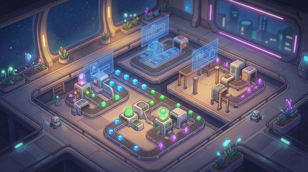 Calm conveyor factory glowing softly beside machines in a sci-fi workshop