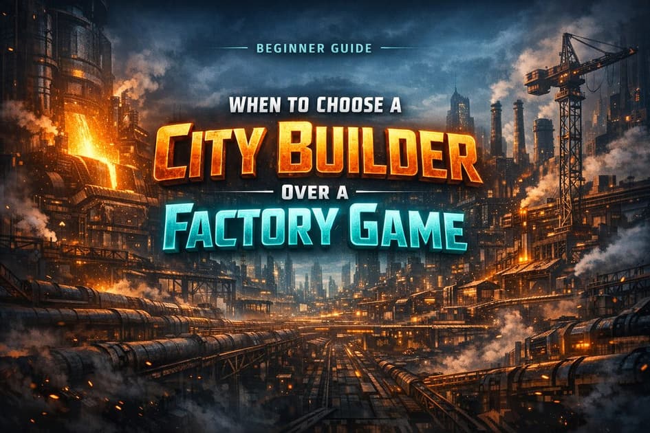 Top-down city skyline beside a sprawling conveyor factory complex