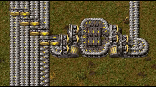Factorio main bus balancing with belts routing resources through a busy factory