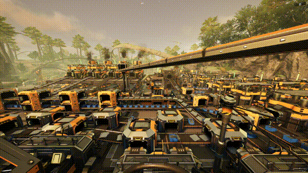 Satisfactory factory floor with belts moving parts through large 3D production lines