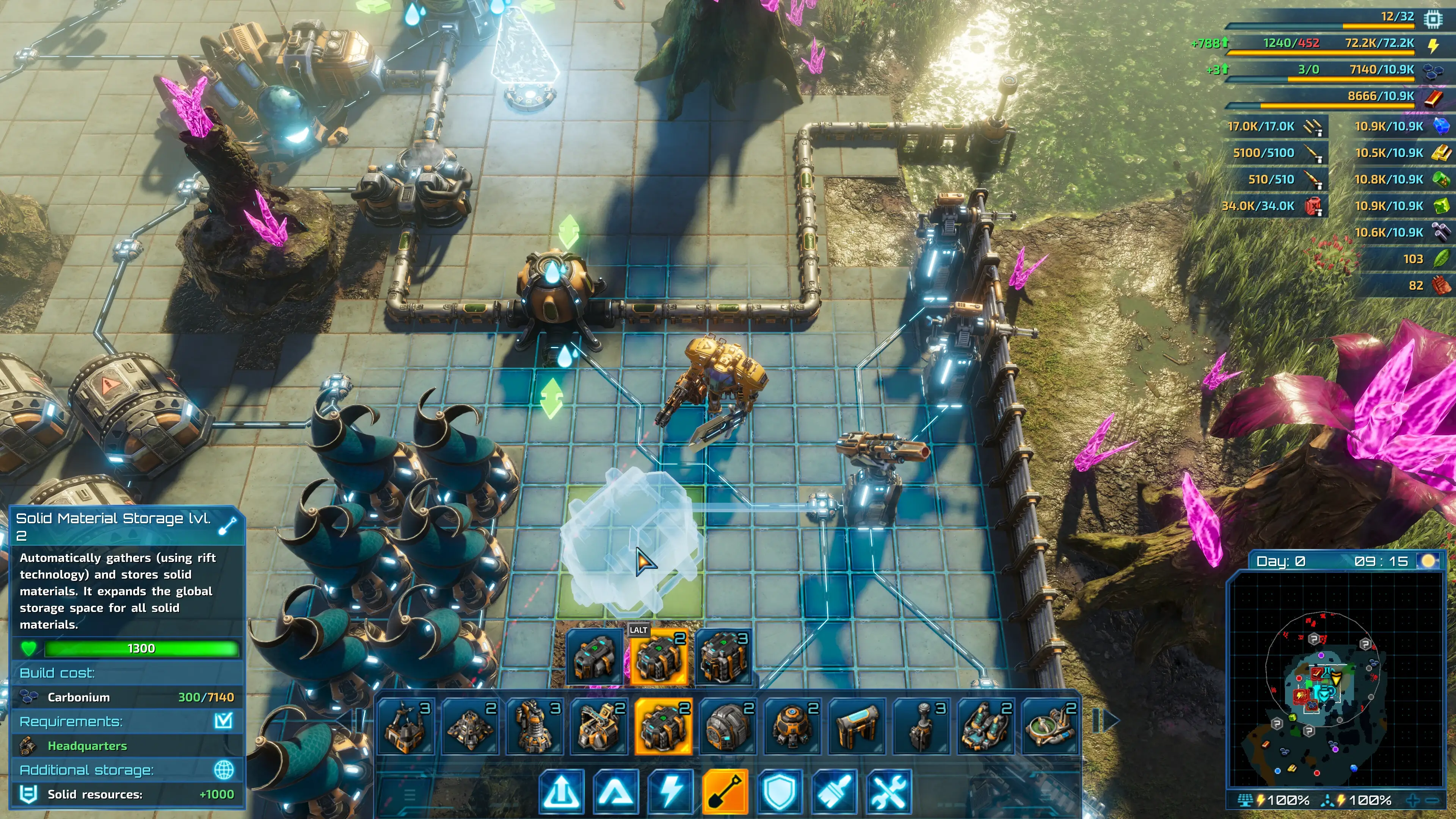 The Riftbreaker mech suit base building, production chains, and alien horde defense