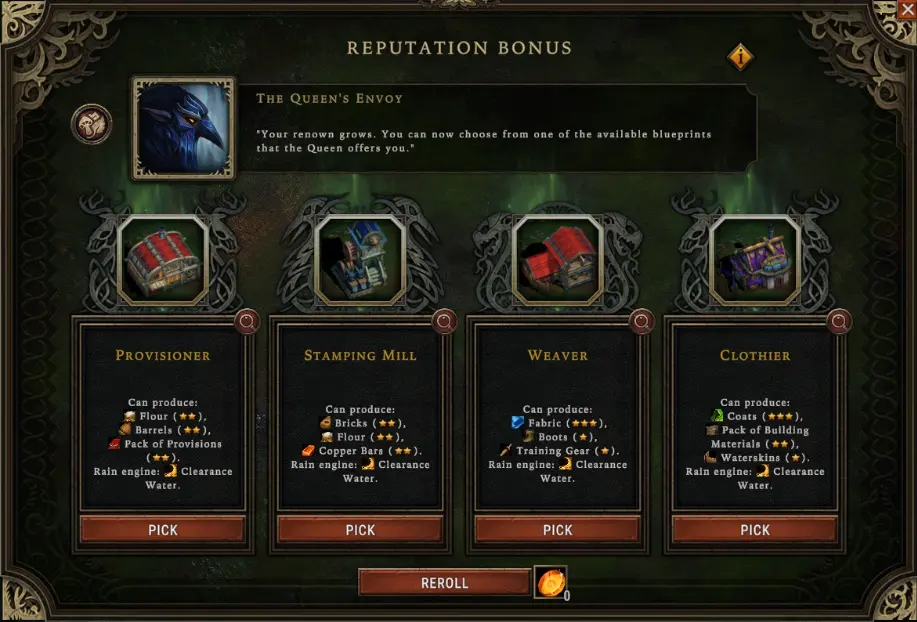 Against the Storm Reputation Bonus blueprint choice screen with Provisioner, Stamping Mill, Weaver, and Clothier options