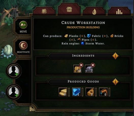 Against the Storm Crude Workstation panel showing Planks, Fabric, Bricks, and Pipes recipes with wood and stone ingredients stored