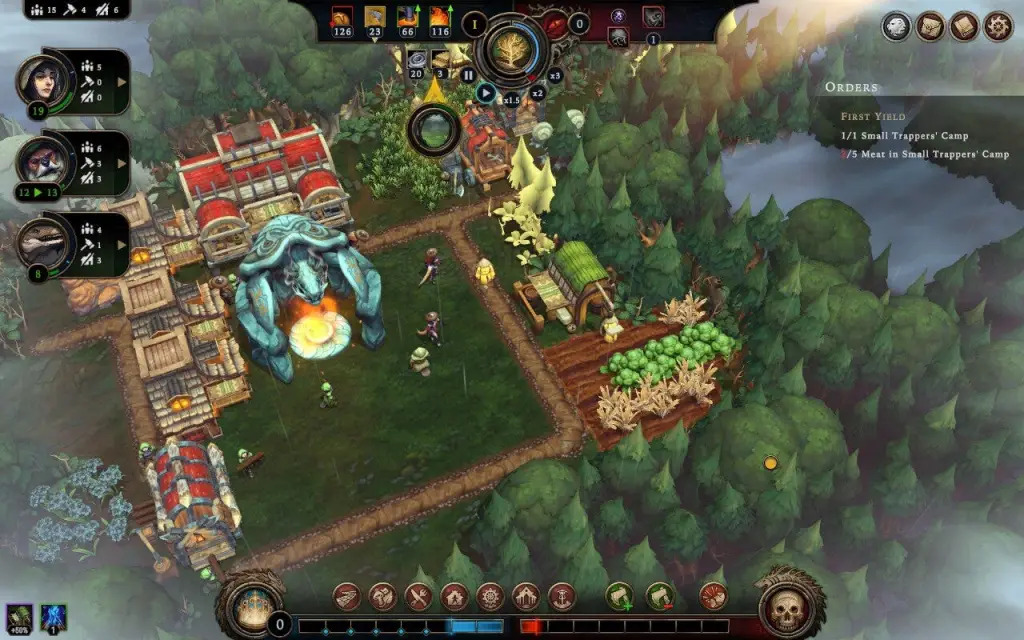 Against the Storm early settlement around the Ancient Hearth, with shelters, warehouse, trappers' camp, farm field, and the First Yield order on screen