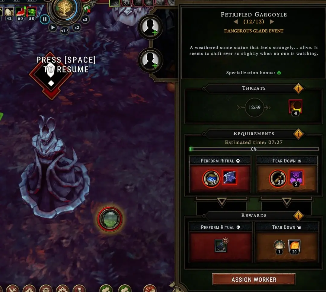 Against the Storm Petrified Gargoyle Dangerous Glade event showing ritual or tear down requirements, threat timer, and reputation rewards