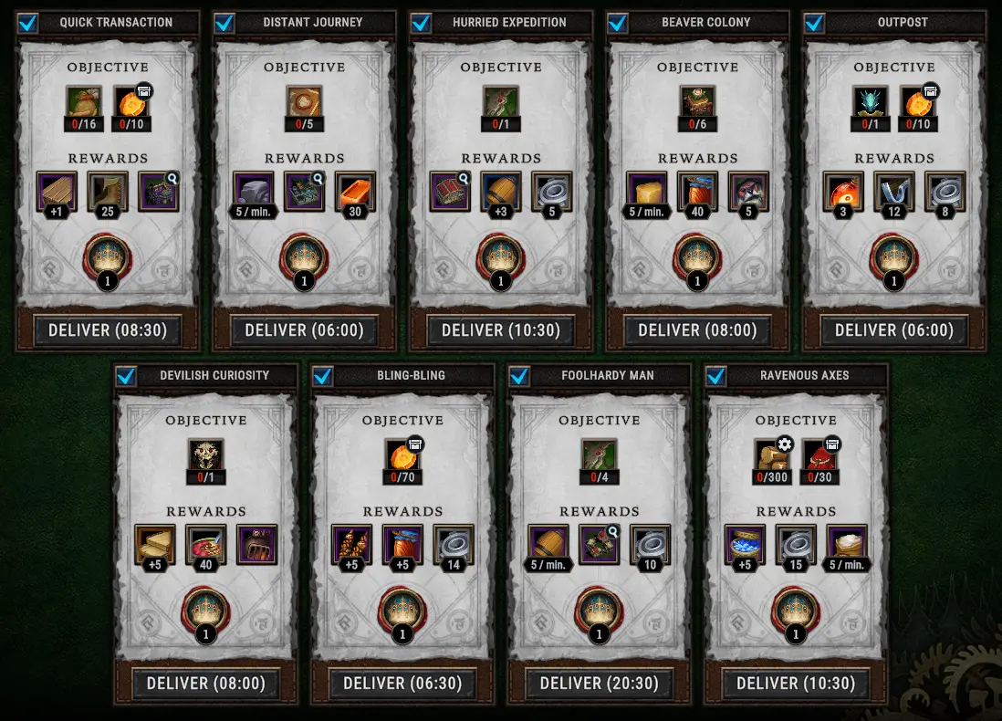 Against the Storm timed orders screen showing multiple order cards with objectives, rewards, reputation crowns, and delivery timers