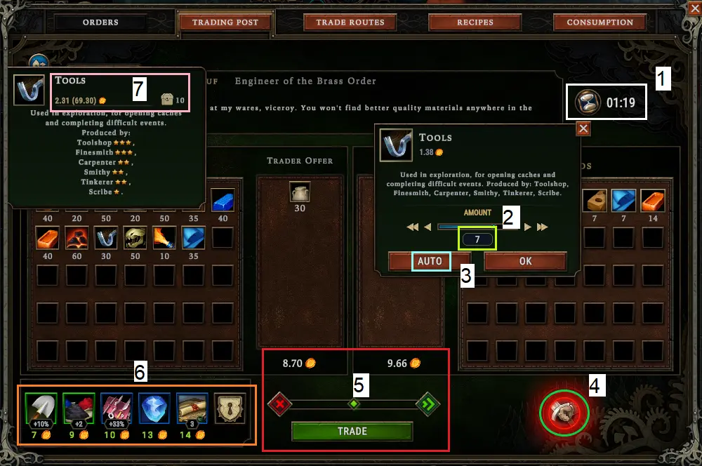 Against the Storm Trading Post screen with Engineer of the Brass Order, trader inventory, amber trade balance, and tools quantity selector