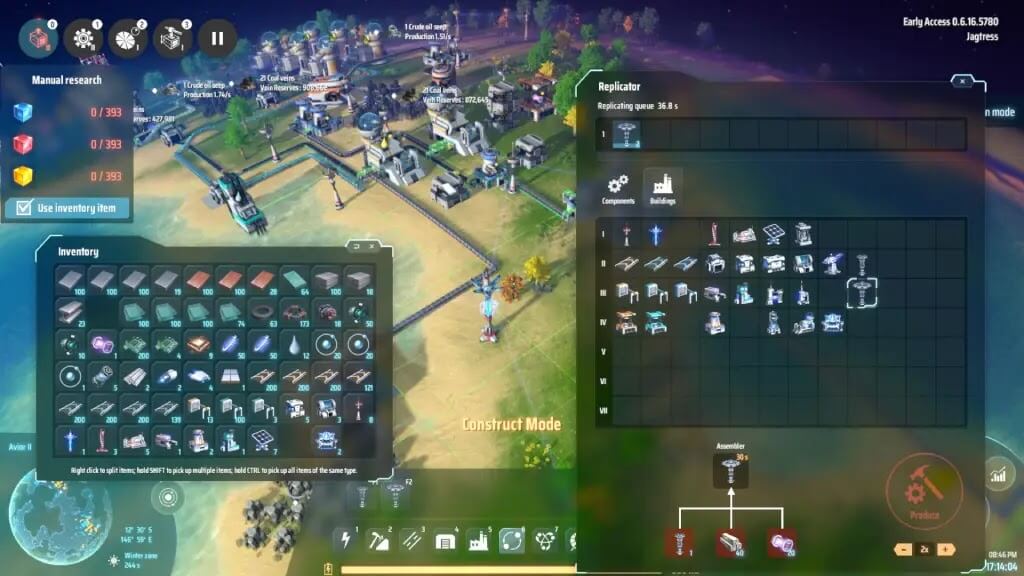 Packed inventory before launch: miners, belts, Tesla towers, fuel, smelters, and spare parts for an off-world build