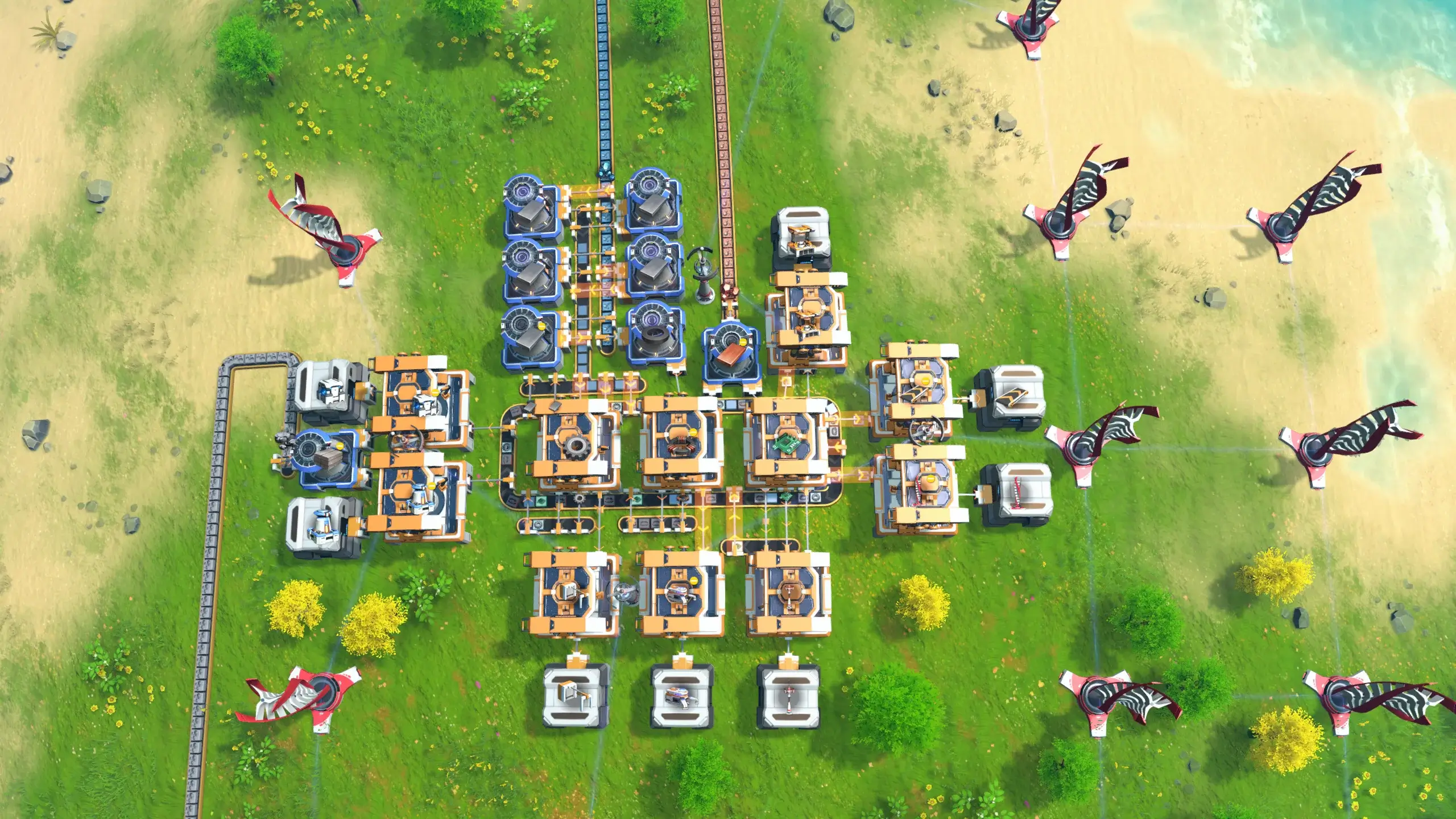 Early starter base: miners, belts, smelters, and Matrix Labs feeding the first automation loop
