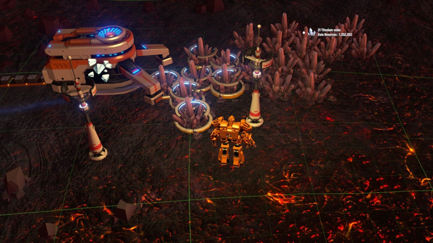 First titanium outpost: miners on veins, ore into smelters, titanium ingots into storage