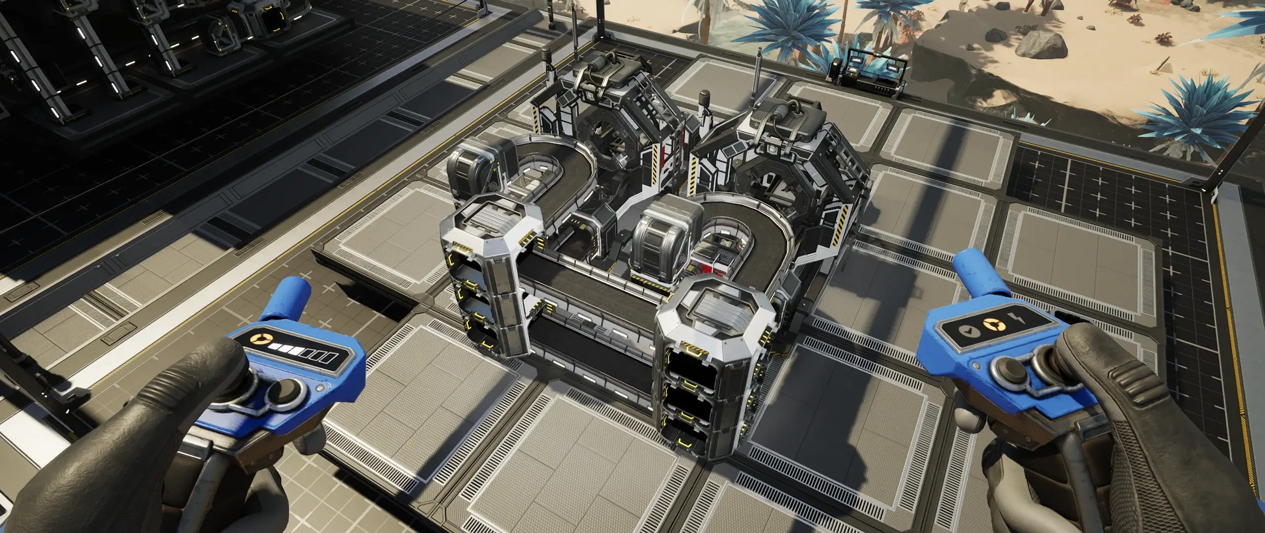 Satisfactory assembler on foundations with nearby belts and early automation equipment