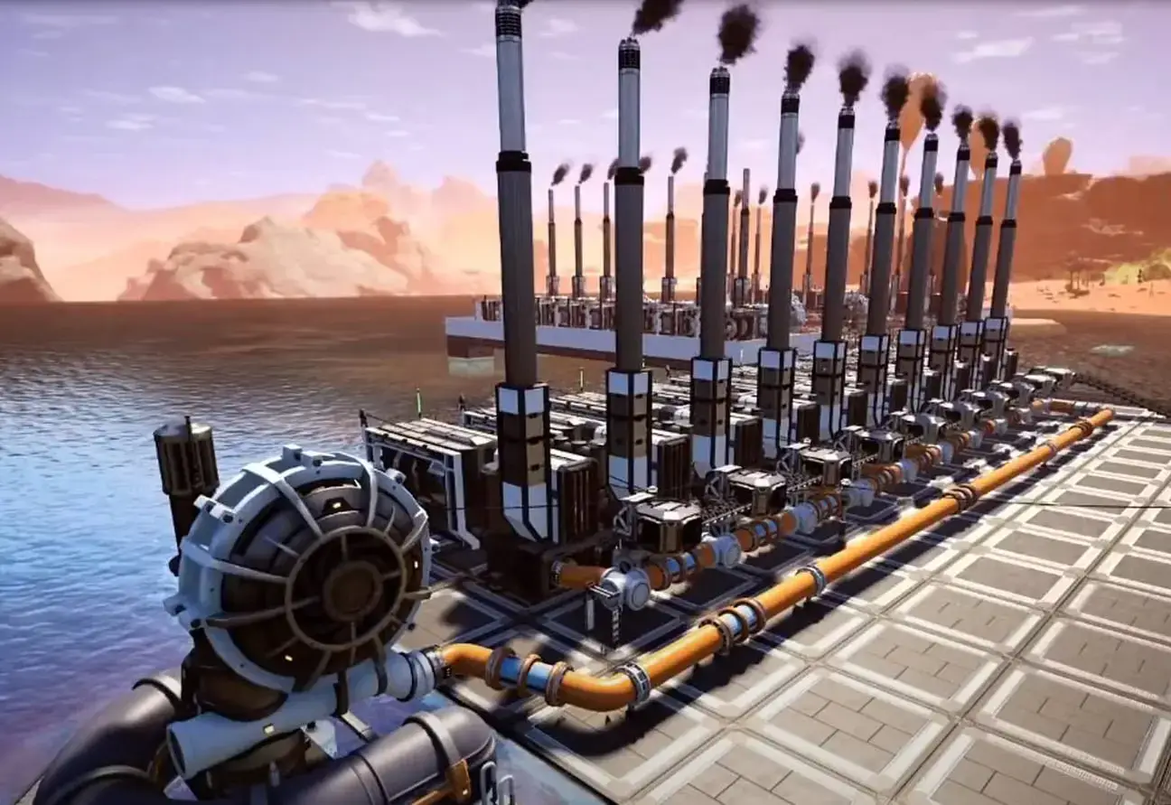 Satisfactory coal power setup with water extractors, pipes, and coal generators