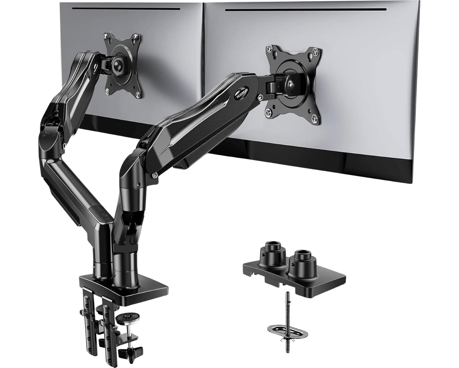 HUANUO FlowLift dual monitor stand with articulated arms and C-clamp base