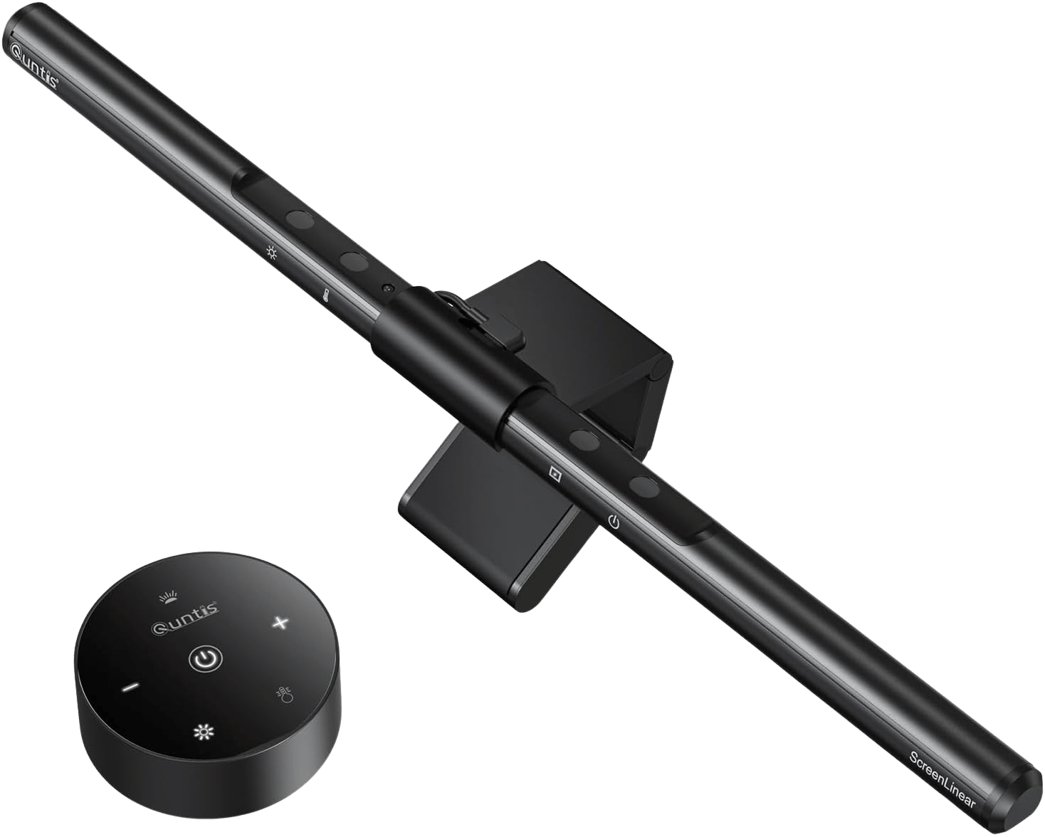 Quntis computer monitor lamp and wireless remote on dark background